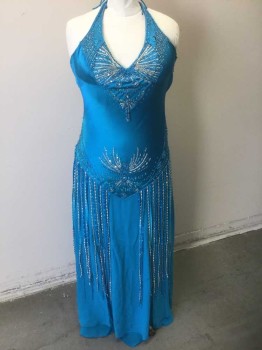 INTERLUDE, Turquoise Blue, Silver, Metallic, Polyester, Beaded, Solid, Geometric, Satin, with Blue/Silver Beading and Sequins at Bust/Halter Straps, with Hanging Beaded Tassles at Center Front Bust, Self Tie Halter Straps, Lightly Padded Bust, Dropped Waist with Hanging Blue and Silver Beads, Chiffon Mermaid Hem