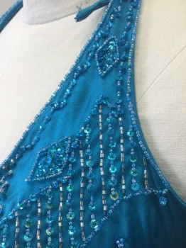 INTERLUDE, Turquoise Blue, Silver, Metallic, Polyester, Beaded, Solid, Geometric, Satin, with Blue/Silver Beading and Sequins at Bust/Halter Straps, with Hanging Beaded Tassles at Center Front Bust, Self Tie Halter Straps, Lightly Padded Bust, Dropped Waist with Hanging Blue and Silver Beads, Chiffon Mermaid Hem