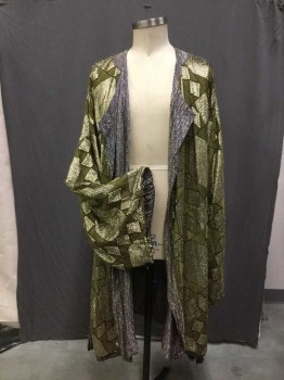Unisex, Sci-Fi/Fantasy Robe, N/L, Olive Green, Gold, Purple, Synthetic, Lurex, Geometric, Floral, XL, Ethnic Influenced. Lurex Brocade Olive and Gold with Wide Over sized Sleeves. Purple & Gold Brocade Lining, Crew Neck, Open Front and Relaxed Lapel