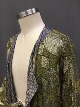N/L, Olive Green, Gold, Purple, Synthetic, Lurex, Geometric, Floral, Ethnic Influenced. Lurex Brocade Olive and Gold with Wide Over sized Sleeves. Purple & Gold Brocade Lining, Crew Neck, Open Front and Relaxed Lapel