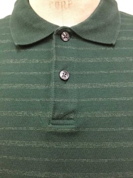VAN HEUSEN, Dk Green, Off White, Cotton, Polyester, Stripes - Horizontal , Dark Forrest Green with 4 Heather Off White Horizontal Stripes, Solid Dark Green Collar Attached, 2 Button Front, Short Sleeves,