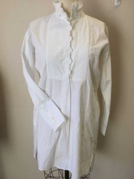 ISABEL ETOILE, White, Cotton, Solid, White, Pleat/embroidery Collar Attached & Front Center Yoke, 3 Hidden Button Front, 2 Side Pockets, Long Sleeves, Curve Side Split & Uneven Hem