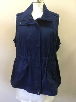 ST. JOHNS BAY, Navy Blue, Cotton, Solid, Lightweight Outerwear Vest, Zip/Snap Front, C.A., Epaulets, Interior Drawstring Waist, 2 Flap Pockets