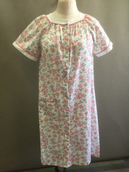 Womens, Housedress, LYN ANNE, White, Pink, Lt Blue, Mint Green, Coral Pink, Polyester, Cotton, Floral, S, White with Light Pink, Light Blue, Mint, Gray Floral Pattern, Solid White Cuffs and Square Neck, with Coral Piping Detail, Short Sleeves, Snap Front, 1 Patch Pocket at Hip, Hem Below Knee