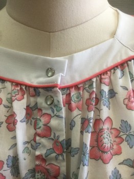 Womens, Housedress, LYN ANNE, White, Pink, Lt Blue, Mint Green, Coral Pink, Polyester, Cotton, Floral, S, White with Light Pink, Light Blue, Mint, Gray Floral Pattern, Solid White Cuffs and Square Neck, with Coral Piping Detail, Short Sleeves, Snap Front, 1 Patch Pocket at Hip, Hem Below Knee