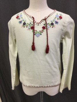 N/L, Cream, Red, Lt Blue, Navy Blue, Pink, Cotton, Floral, Double, Floral Embroidered Yoke, Long Sleeves, Pull Over, Red Whip Stitch Detail, Self Tie Neck