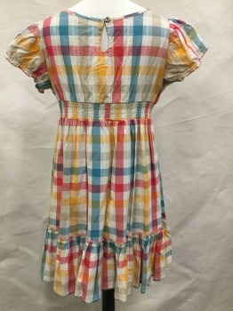Childrens, Dress, MEXX, Multi-color, Ecru, Cherry Red, Yellow, Turquoise Blue, Cotton, Gingham, W:26, Ch:32, Puffy Cap Sleeves Gathered at Shoulders, V-neck, Vertical Ruched Detail at Center Front Chest, 1.5" Wide Smocked Elastic Waistband, Gathered at Waist with 6.5" Long Ruffle at Hem