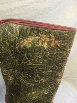 Womens, Sci-Fi/Fantasy Boots , N/L MTO, Black, Gold, Red Burgundy, Leather, Snakeskin/Reptile, Floral, Reptile/Snakeskin, 8, Embossed/Tooled Black Leather with Floral Pattern, Gold Iridescent Painted Bits, Toe/Bottom Covered in Black Snakeskin, Burgundy Piping Trim & Burgundy Leather Lining Inside, Calf Length, Chunky Square Toe, Made To Order