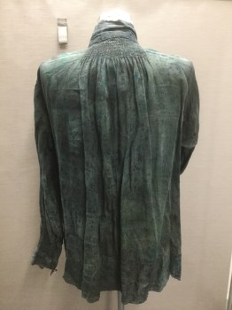 Mens, Tops, MTO, Dk Olive Grn, Black, Teal Blue, Linen, Mottled, M, Stand Collar, Button Front, Long Sleeves, Elastic Smocking at Front and Back Yoke and Cuffs, Aged/Distressed,