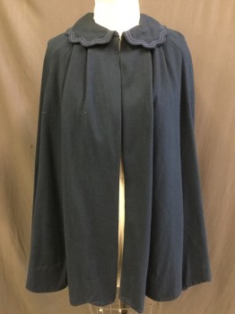 Womens, Cape 1890s-1910s, N/L, Teal Blue, Wool, Solid, OS, Simple, Unlined, Very Good Condition, Scallopped Peter Pan Collar with Soutache Applique, Scallopped Hem, Hook & Eye at Neck, Inverted Box Pleat Center Back, Multiples,