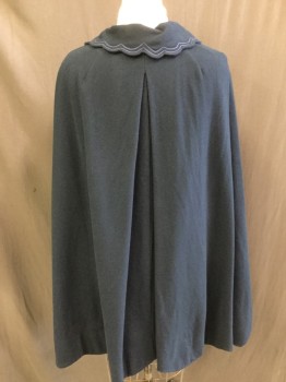 Womens, Cape 1890s-1910s, N/L, Teal Blue, Wool, Solid, OS, Simple, Unlined, Very Good Condition, Scallopped Peter Pan Collar with Soutache Applique, Scallopped Hem, Hook & Eye at Neck, Inverted Box Pleat Center Back, Multiples,