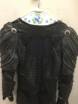 Unisex, Sci-Fi/Fantasy Piece 1, N/L MTO, Black, Espresso Brown, Silver, Synthetic, Leather, C:38, Jumpsuit: Black Crinkly Textured Synthetic with Various Panels of Quilted Leather, Black Stretch, and Black Sheer Mesh, Espresso Brown Piping, Black Leather Chunky Armplates Attached to Sleeves, Silver Metal Detail at Shoulders