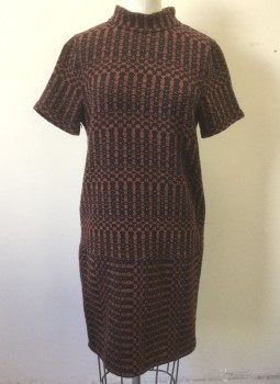 BILLY REID, Sienna Brown, Black, Poly/Cotton, Viscose, Geometric, Abstract , Thick Weave Material, Short Sleeves, Mock Neck, Shift Dress, Hem Above Knee,  Invisible Zipper at Center Back
