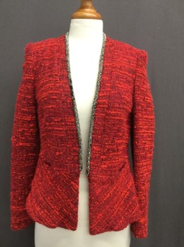 ZARA, Red, Black, Gold, Silver, Polyester, Beaded, Mottled, Stripes, No Closures, Beaded Neck Edge, Peplum, 2 Pockets, Boucle, Spiky Buttons at Cuffs, Day Into Evening Sparkle