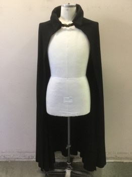 Unisex, Sci-Fi/Fantasy Cape/Cloak, MTO, Black, Brass Metallic, Wool, Solid, L, Open Front, Inside Ties to Secure in Place, Collar Attached, Fancy Front Clasp Neck