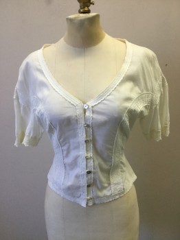 Womens, Historical Fiction Blouse, MTO, Cream, Cotton, Solid, B36, Cotton Broadcloth Chemise. Button Front, Deep Rounded V. Neck, Short Sleeves, Lace Trim
