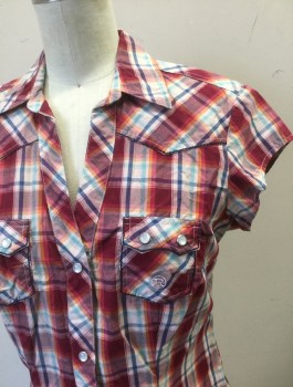 ROPER, Mauve Pink, Cranberry Red, Lt Pink, Lt Blue, Navy Blue, Cotton, Plaid, Cap Sleeves, Snap Front, V-neck, Collar Attached, Western Yoke, Fitted, 2 Tiny Pockets with Zig Zagged Flap and 2 Snap Closures