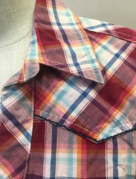 ROPER, Mauve Pink, Cranberry Red, Lt Pink, Lt Blue, Navy Blue, Cotton, Plaid, Cap Sleeves, Snap Front, V-neck, Collar Attached, Western Yoke, Fitted, 2 Tiny Pockets with Zig Zagged Flap and 2 Snap Closures