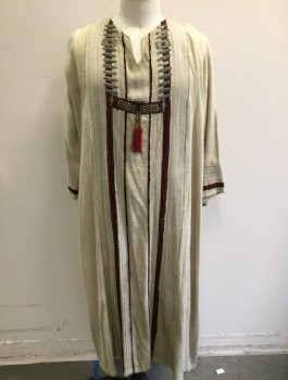 Mens, Historical Fiction Robe, N/L MTO, Oatmeal Brown, Black, Dk Red, Pewter Gray, Linen, Metallic/Metal, Solid, C<60", O/S, Homespun Cloth, Long Sleeves, Floor Length, Black/Red Trim at Center Front with Aged Metal Beading/Chain Detail, Red Tassles at Waist, Round Neck with Notch, Lightly Aged Throughout, Made To Order