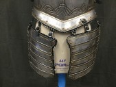 Mens, Historical Fiction Armor, MTO, Silver, Navy Blue, Rubber, O/S, SUIT of ARMOR: Set of Tasses: Silver Rubber Aged to Look Like Metal, 2 Pieces, Leather Trim with Silver Triangle Metal Detail,  Gold Embossed Detail, Faux Rivets, Tiered Plates with 3 Buckles at Top