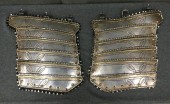 Mens, Historical Fiction Armor, MTO, Silver, Navy Blue, Rubber, O/S, SUIT of ARMOR: Set of Tasses: Silver Rubber Aged to Look Like Metal, 2 Pieces, Leather Trim with Silver Triangle Metal Detail,  Gold Embossed Detail, Faux Rivets, Tiered Plates with 3 Buckles at Top