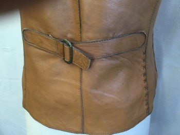 Unisex, Sci-Fi/Fantasy Vest, N/L MTO, Caramel Brown, Leather, Solid, C:36, Stand Collar, with 3 Rustic Clasps, Aged, Hand Stitched Repairs, Adjustable Back Waist Belt, Shiny Lining, Medieval, Sexy Brigand, Young Robinhood, Post Apocalyptic Ranger