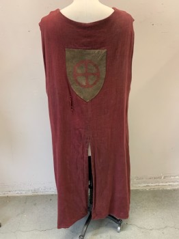 Mens, Historical Fiction Tunic, NL, Red Burgundy, Cotton, OS, Knight Tunic, Pullover, Sleeveless, Brown & Burgundy Suede Crest on Front & Back, Center Slit on Front and Back  *Distressed