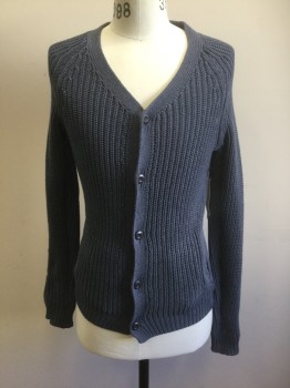 AMERICAN APPAREL, Slate Blue, Cotton, Polyester, Solid, Knit, V-neck, 5 Button Front, 2 Pockets
