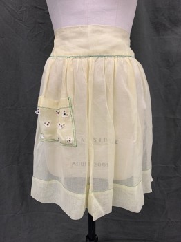 Womens, Apron, N/L, Lemon Yellow, Synthetic, Solid, O/S, Sheer Lemon with Green Zig Zag Trim, Tie Back, Gathered, 1 Pocket with Cream Mesh Hearts Details,