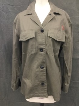 RAG & BONE, Dk Olive Grn, Cotton, Herringbone, Shirt Jacket, Appears Like a Shadow Stripe, Button Front, Collar Attached, Long Sleeves, Button Cuff, 2 Flap Pocket, Red Heart Embroidery Above Pocket with RB, Doubles
