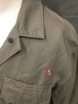 RAG & BONE, Dk Olive Grn, Cotton, Herringbone, Shirt Jacket, Appears Like a Shadow Stripe, Button Front, Collar Attached, Long Sleeves, Button Cuff, 2 Flap Pocket, Red Heart Embroidery Above Pocket with RB, Doubles