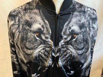 SEAN JOHN, Black, Gray, Brown, Polyester, Animal Print, Large Lion's Face, Black Ribbed Knit Collar Attached, Long Sleeves Cuffs & Hem, Zip Front, 2 Pockets,