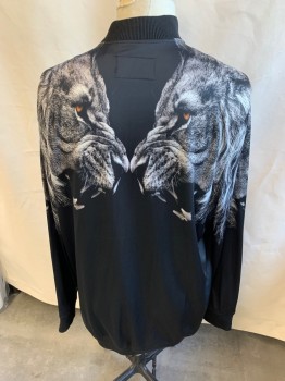 SEAN JOHN, Black, Gray, Brown, Polyester, Animal Print, Large Lion's Face, Black Ribbed Knit Collar Attached, Long Sleeves Cuffs & Hem, Zip Front, 2 Pockets,