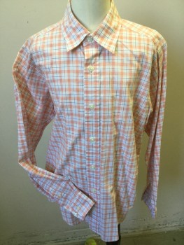BROOKS BROTHERS, Off White, Orange, Black, Blue, Brown, Cotton, Plaid, Plaid-  Windowpane, Collar Attached, Button Front, Long Sleeves, Curved Hem