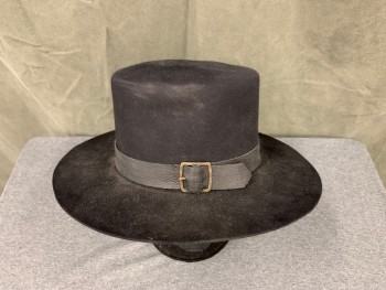 Mens, Historical Fiction Hat , N/L, Black, Wool, Solid, 7.5, Flat Crown, Flat Brim, Leather Hat Band with Brass Buckle