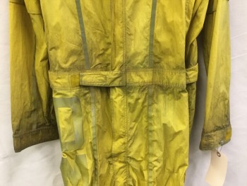 Mens, Jumpsuit, MTO, Yellow, Polyester, Nylon, Solid, XXL, (Multiple)  (Aged/Distressed)  Dirty Yellow, Mock Collar Attached with Velcro Closure, Vertical Yellow Reflector Tape and "DMC" , Cut Out Small Diamond on Upper Back, Hidden Zip Front, Short Velcro Belt Front Center, Side, Long Sleeves Cuffs & Pants Hem