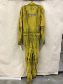 Mens, Jumpsuit, MTO, Yellow, Polyester, Nylon, Solid, XXL, (Multiple)  (Aged/Distressed)  Dirty Yellow, Mock Collar Attached with Velcro Closure, Vertical Yellow Reflector Tape and "DMC" , Cut Out Small Diamond on Upper Back, Hidden Zip Front, Short Velcro Belt Front Center, Side, Long Sleeves Cuffs & Pants Hem