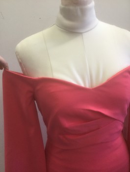 BADGLEY MISCHKA, Salmon Pink, Polyester, Spandex, Solid, Off the Shoulder Long Flared Sleeves, V Neck/Bust Line, Pleated Detail at Bust with Double Layer, Floor Length, Invisible Zipper at Center Back