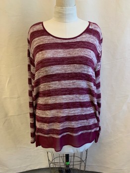 LANE BRYANT, Maroon Red, White, Gold, Synthetic, Polyester, Stripes, Heathered, Round Neck, Long Sleeves, Poly See Through Lining Hem, Overlapping Back