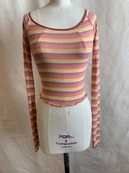 OUT FROM UNDER, Tan Brown, Apricot Orange, Lilac Purple, Cream, Sienna Brown, Polyester, Viscose, Stripes - Horizontal , Bateau/Boat Neck, Long Sleeves, Cropped, Lettuce Trim, Rib Knit,
