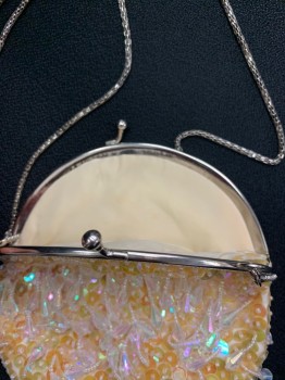 Womens, Purse, N/L, Cream, Iridescent White, Clear, Beaded, Abstract , Round, Metal Hinged Clasp, Long Chain, Modern Hardware