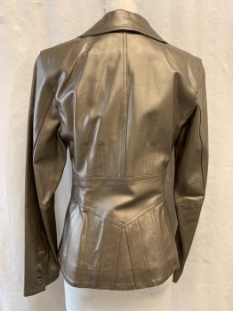 Womens, Leather Jacket, GALLERY, Bronze Metallic, Leather, Solid, XS, Collar Attached, Single Breasted, Button Front, 3 Buttons, 2 Pockets