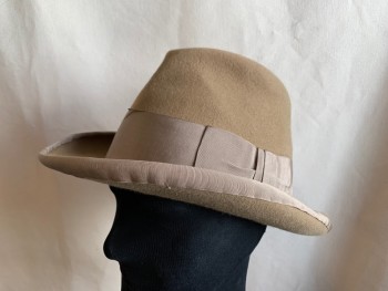 Mens, Homburg Hat 1890s-1910s, MTO/ PIERONI BRUNO, Dusty Brown, Wool, 60, 7 1/2, Wide Grosgrain Hat Band with Bow, Brown Grosgrain Edge Trim, Felted