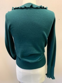 BODEN, Dk Green, Wool, Cotton, Solid, Jewel Neck with Ruffle Trim, Long Sleeves, Rib Knit Cuffs with Ruffle Edge