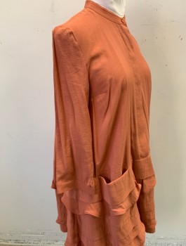 COS, Pumpkin Spice Orange, Modal, Polyester, Solid, Shift Dress, Band Collar,  Shirt Waist, Covered Button Placket, Dropped Waist with Ruffled Bottom, Hem Above Knee