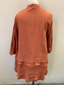 COS, Pumpkin Spice Orange, Modal, Polyester, Solid, Shift Dress, Band Collar,  Shirt Waist, Covered Button Placket, Dropped Waist with Ruffled Bottom, Hem Above Knee