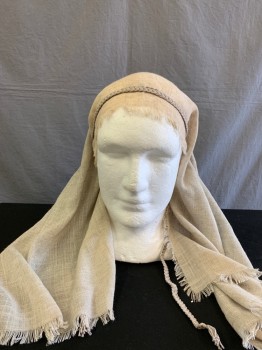Unisex, Historical Fiction Headpiece, MTO, Beige, Cotton, Solid, Nemis, Sheer Gauzy Fabric with Raw Edge, Braid Applique and Tie, Multiple