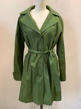 GALLERY, Dk Olive Grn, Poly/Cotton, Acrylic, with Matching Belt, Collar Attached, Single Breasted, Button Front, 2 Pockets, Removable Hood, Removable Brown Lining, Double Inverted Pleat at Back