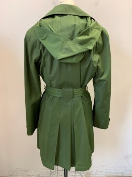 GALLERY, Dk Olive Grn, Poly/Cotton, Acrylic, with Matching Belt, Collar Attached, Single Breasted, Button Front, 2 Pockets, Removable Hood, Removable Brown Lining, Double Inverted Pleat at Back