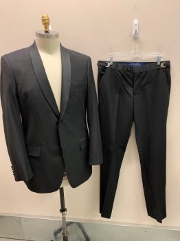 ANGELO ROSSI, Black, Polyester, Rayon, Solid, Single Breasted, 2 Buttons, Shawl Lapel, Satin Lapel, Double Vent
